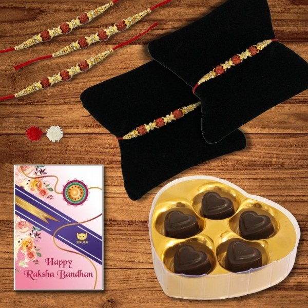 BOGATCHI 5 Heart Chocolate 5 Rakhi Roli Chawal and Greeting Card B | Rakhi with Chocolates |  Rakhi Chocolates Gifts